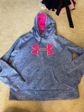 Under Armour Blue Heather Hoodie with Pink Logo & Lined Hood
